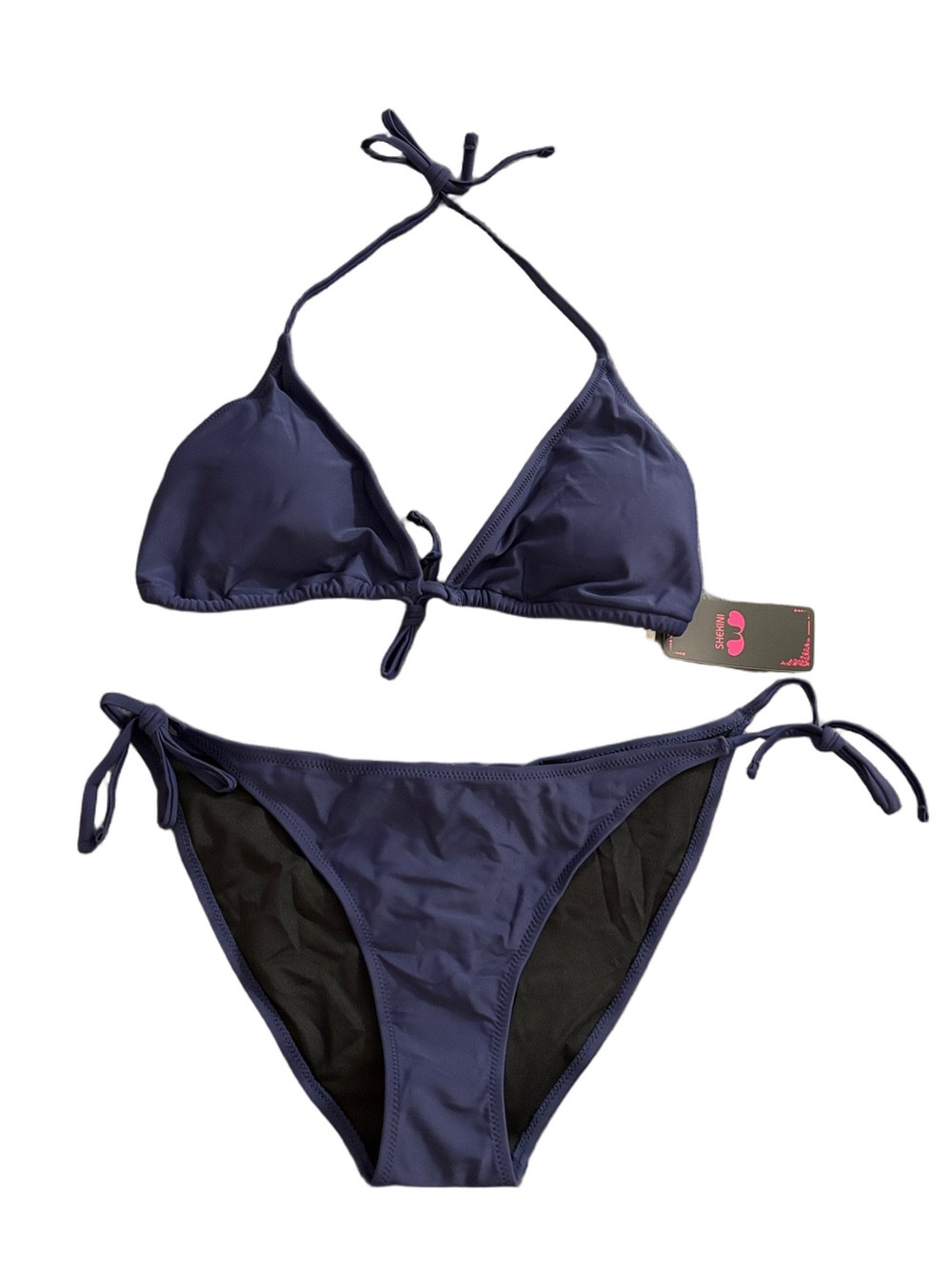 Shekini XL Navy Blue String Triangle Bikini Set NWT Ruched Tie Side Swim
